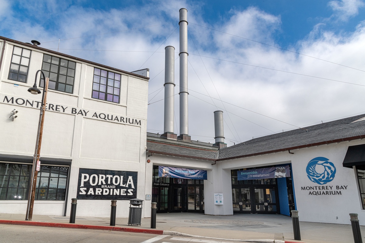 The white exterior of the Monterey Bay Aquarium’s front entrance on Cannery Row features large glass windows and doors, and signs and stanchions designating where guests queue up