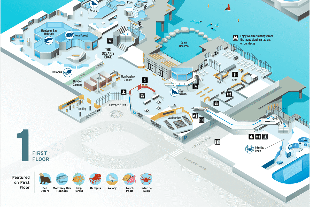 A digital map of the first floor of the Monterey Bay Aquarium shows the location of various exhibits, restrooms, and other points of interest