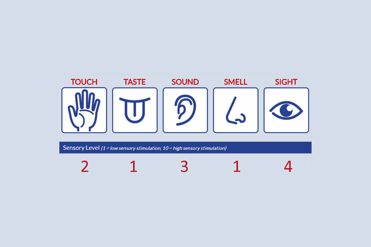 An example of an Aquarium sensory guide that provides number ratings based on how an exhibit may affect your sensory experience, including touch, taste, sound, smell, and sight