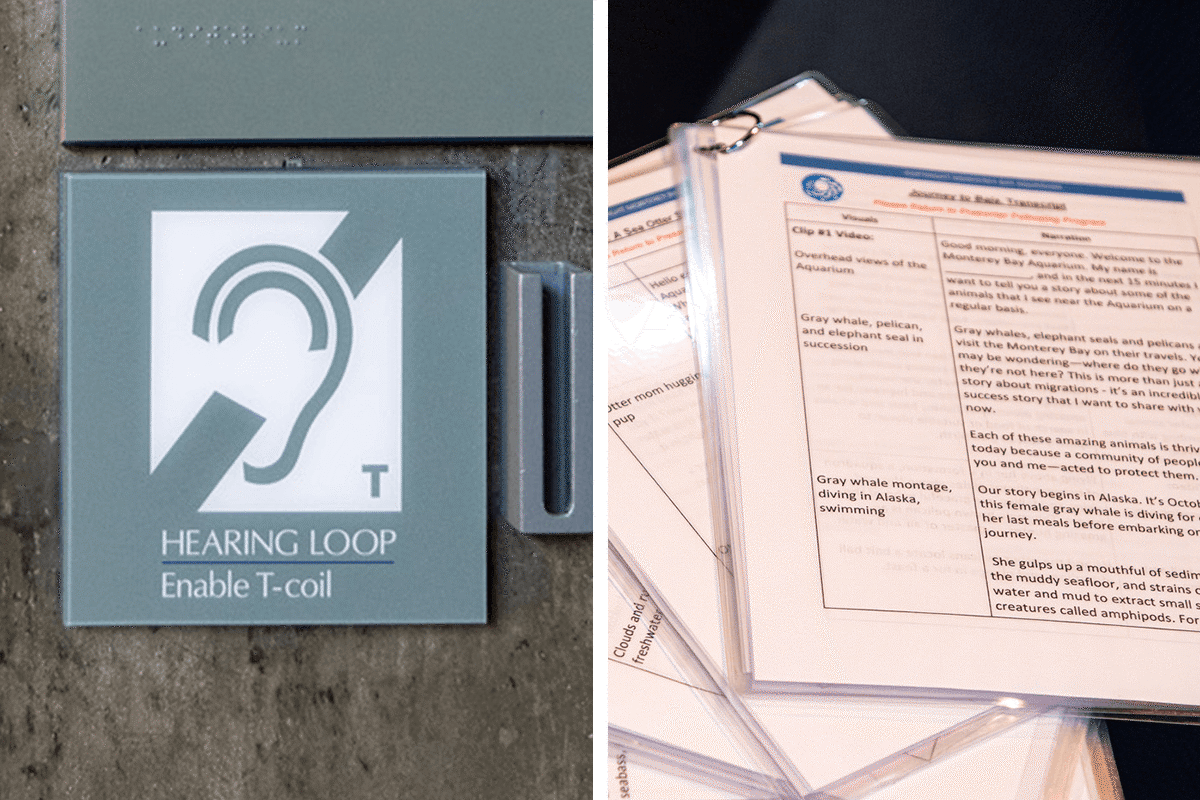 A split image, with an Aquarium sign showing an ear that reads ‘HEARING LOOP Enable T-coil”. On the right side is a pile of laminated cards showing the written transcription from an auditorium program