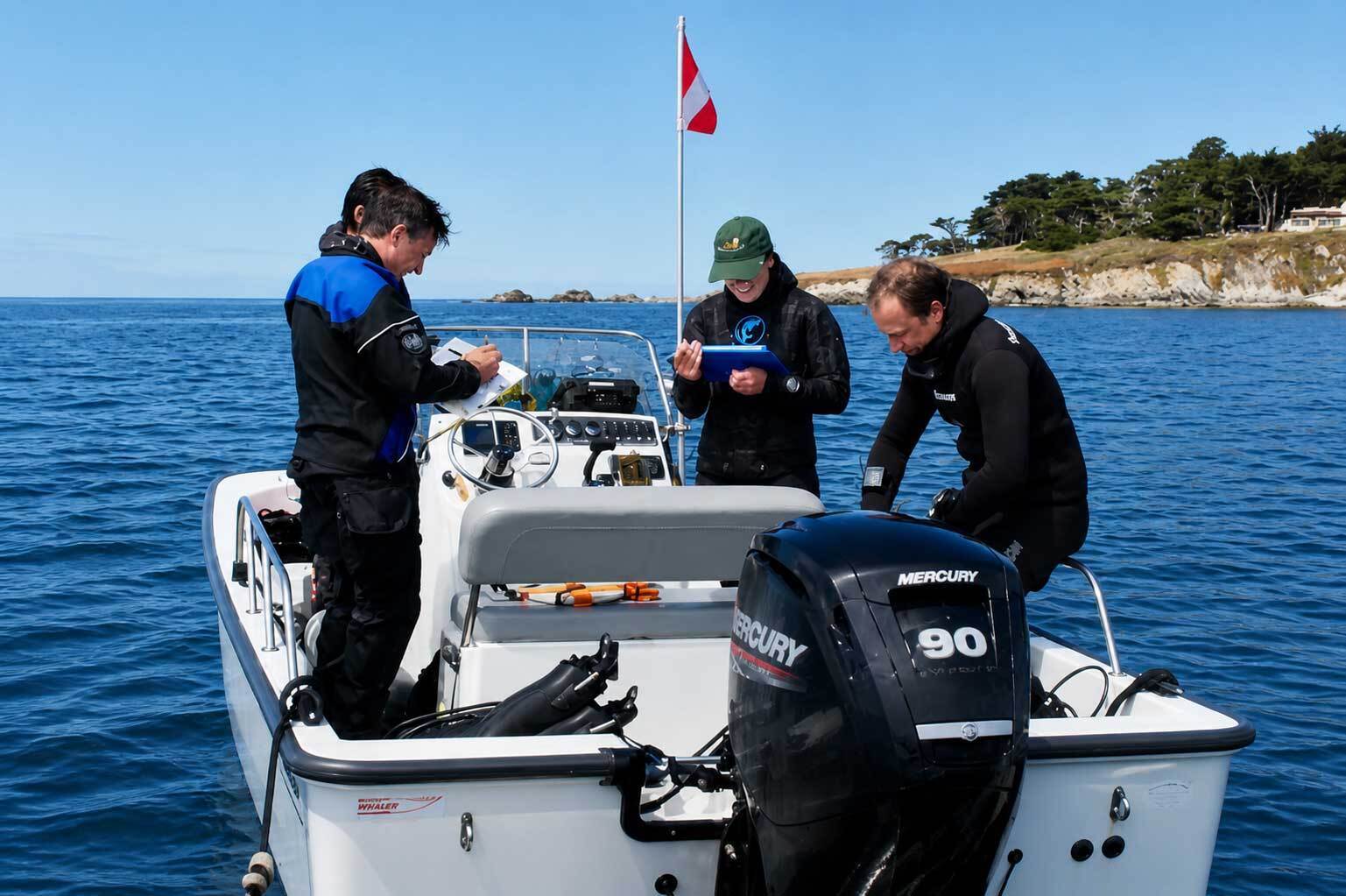 Three researchers in wetsuits review data on clipboards aboard a small research boat near the Monterey coastline