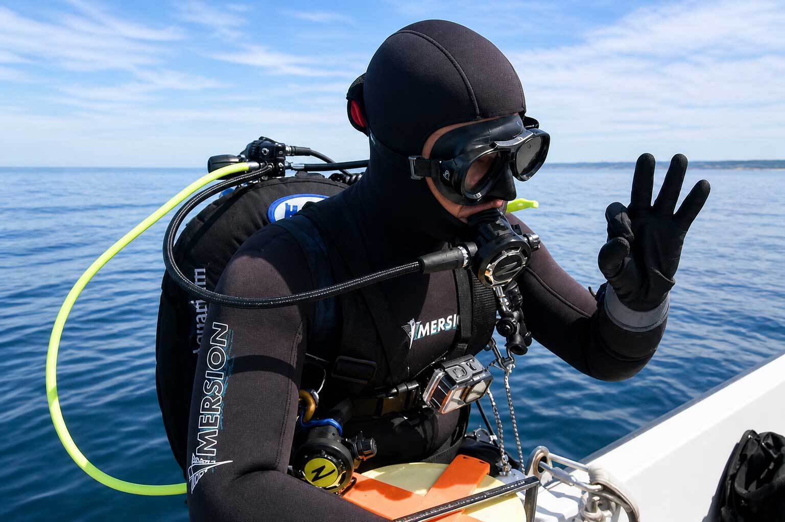 Scuba diver in full wetsuit and gear gives OK signal before diving from boat into calm blue water