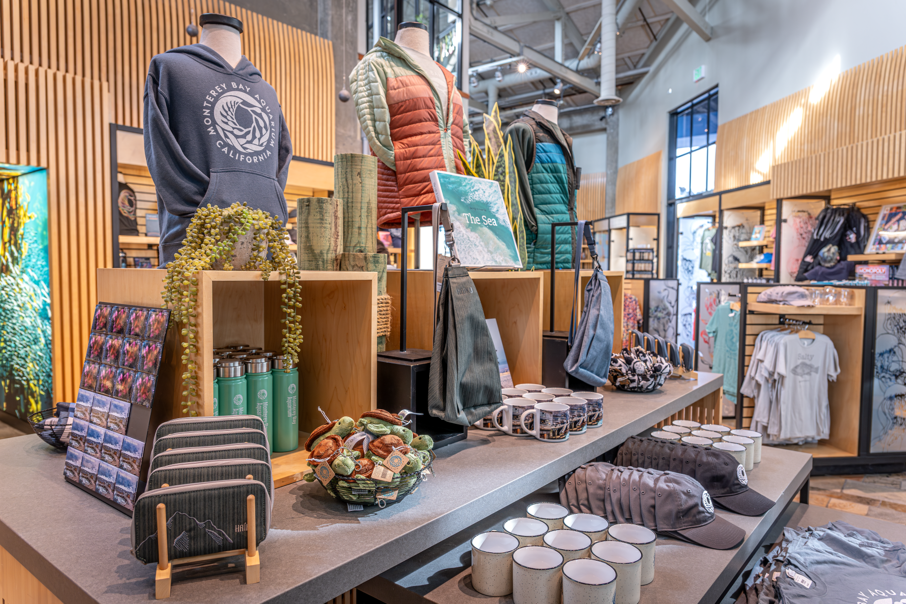 Retail display of Monterey Bay Aquarium merchandise including hoodies, jackets, mugs, hats, and accessories
