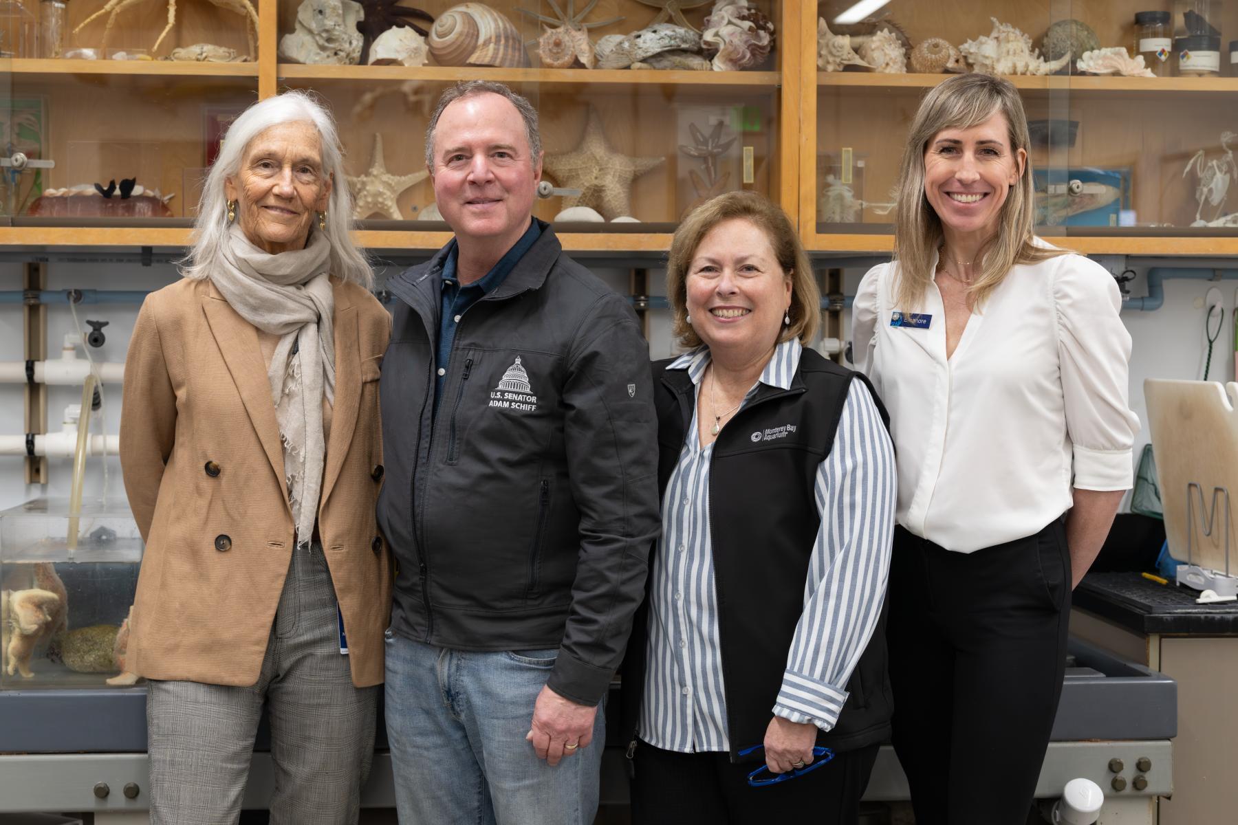 Julie Packard, California Senator, Adam Schiff, Chief Conservation and Science Officer, Margaret Spring and Federal Policy & Government Affairs Director, Eleanore Humphries in the Aquarium Learning Labs