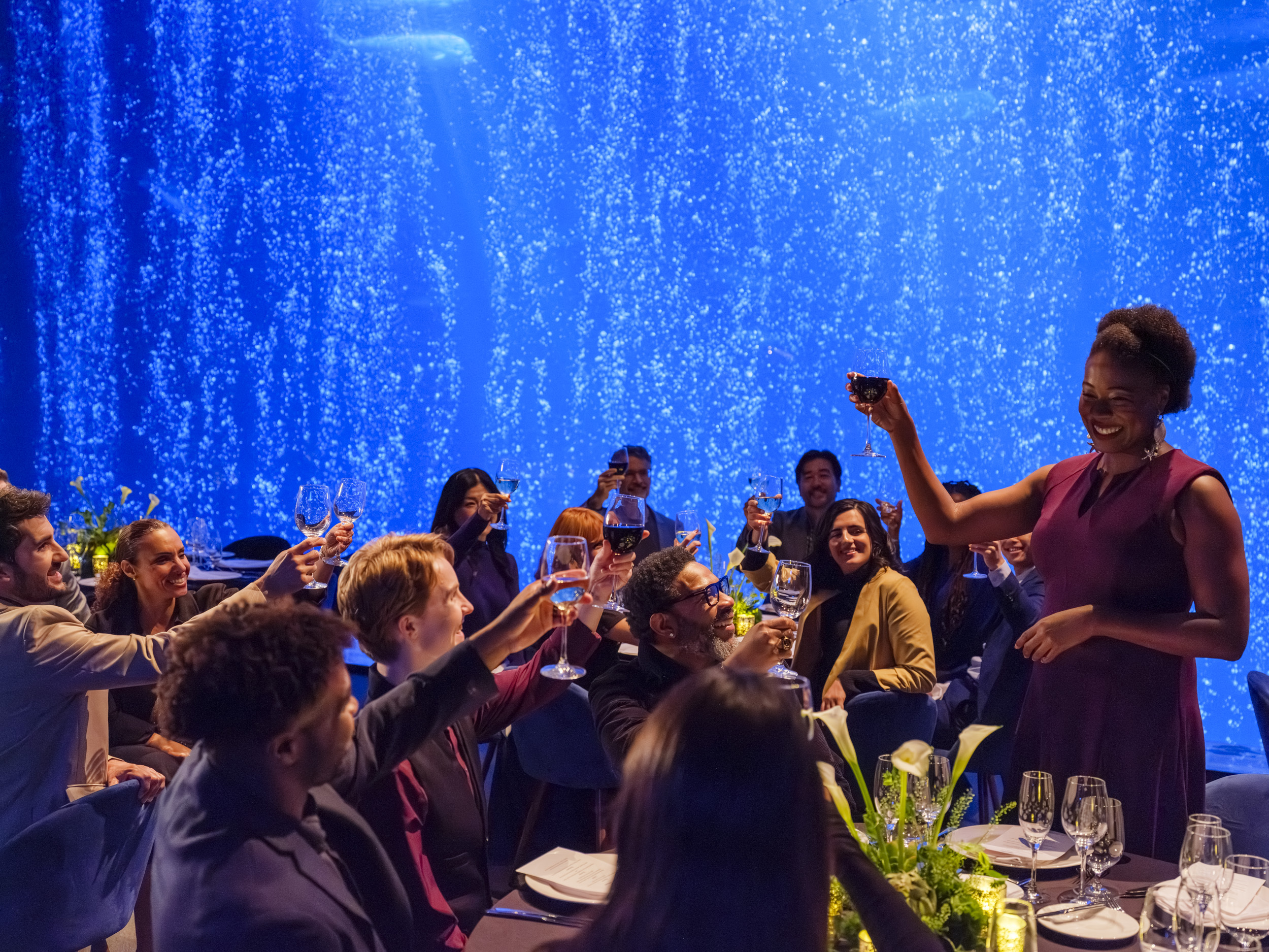 A woman standing to make a toast to a crowd of people seated at dining tables for an evening event in the Aquarium's Open Sea exhibit