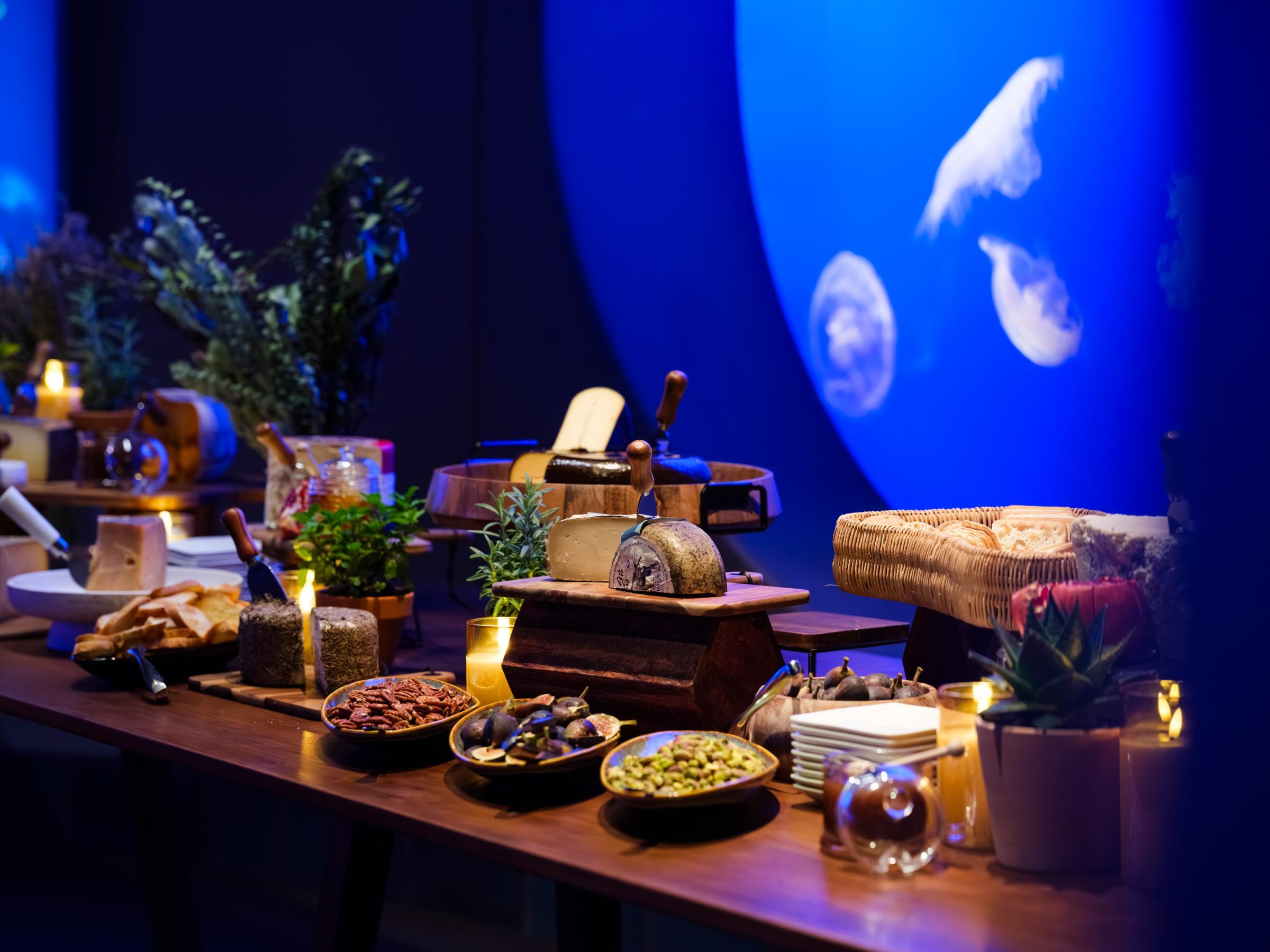 A charcuterie spread of cheese, bread, nuts, meat, and other food and decor on a long wooden table with windows looking into the moon jellies exhibit in the background