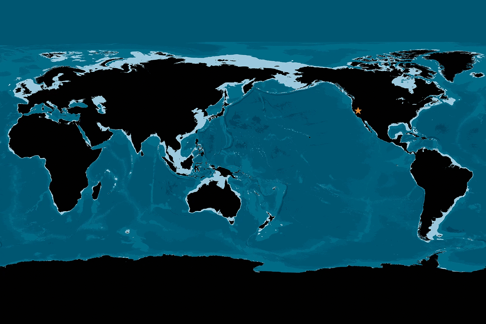 World map with black landmasses on teal ocean showing an orange star marker on the west coast of North America
