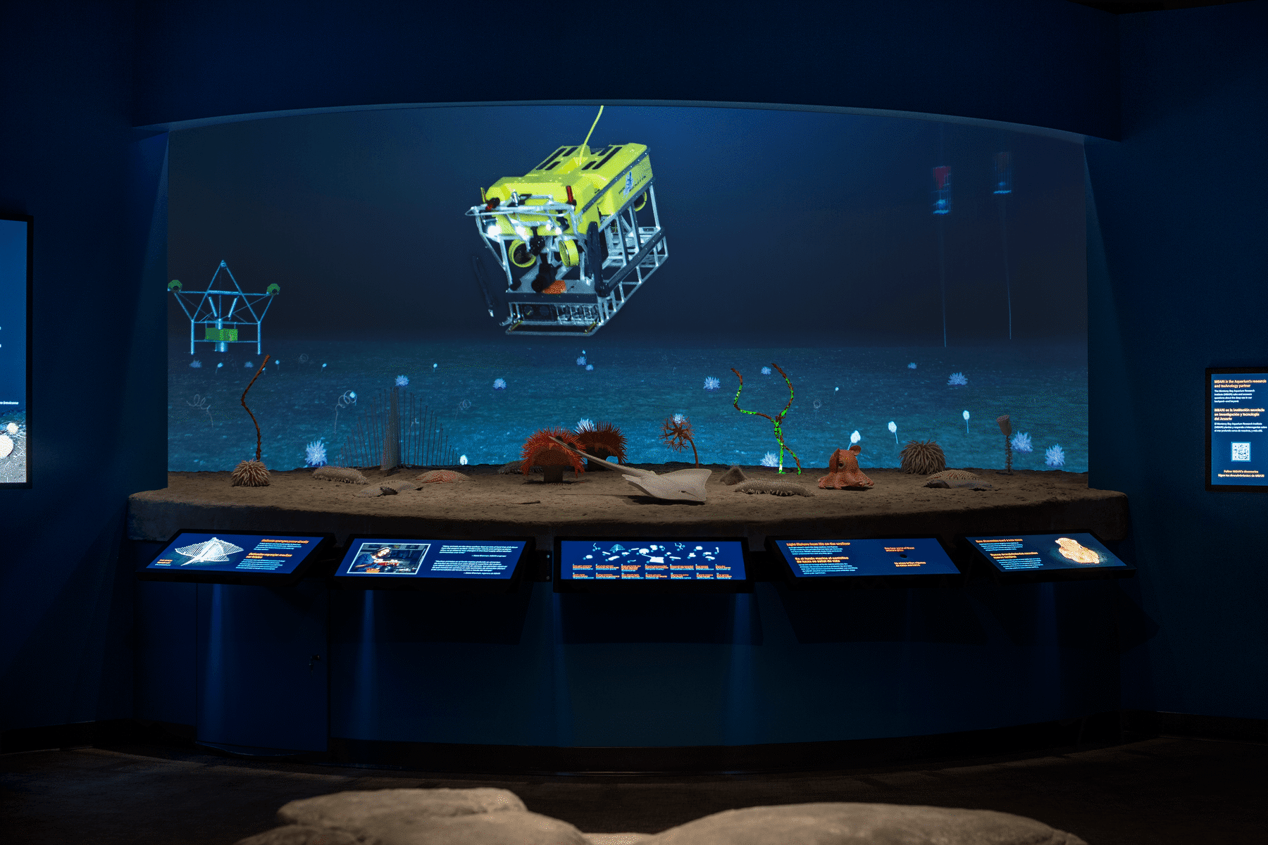 Deep-sea exhibit with seafloor models, interactive screens, and a projected remotely operated vehicle diving underwater