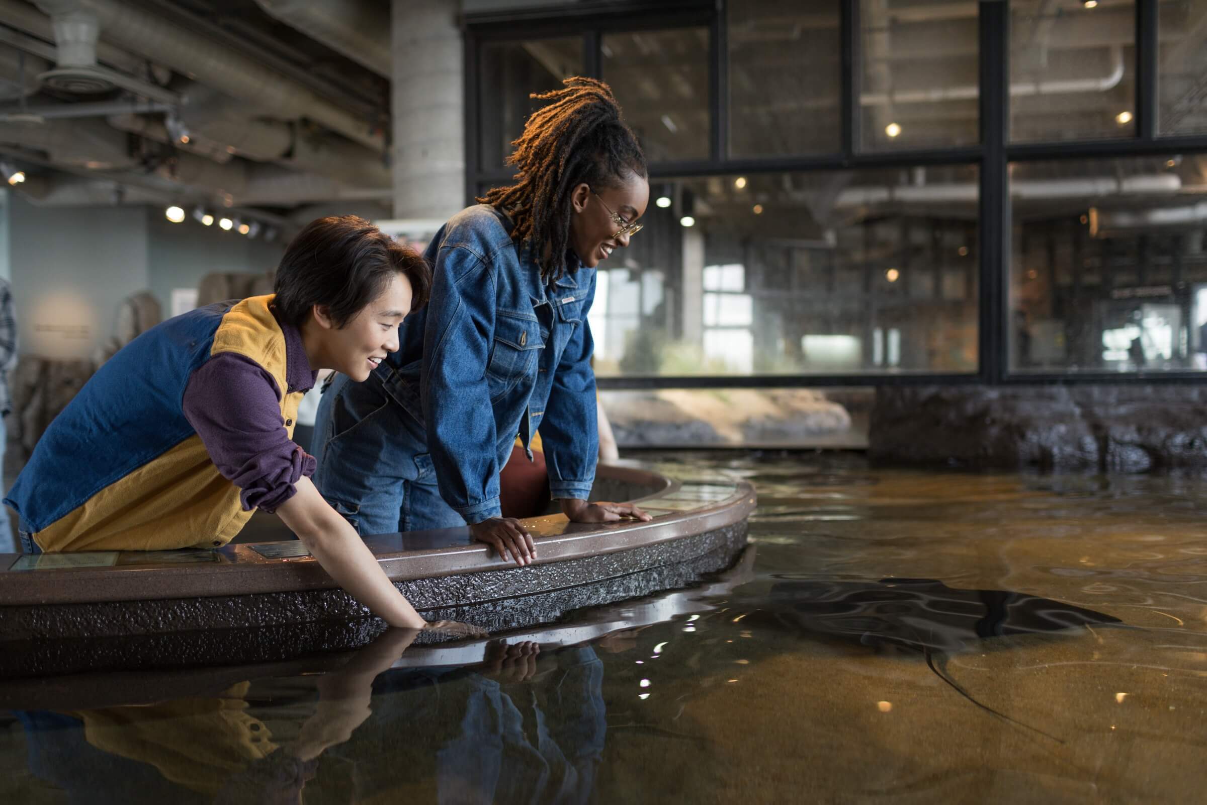 Two visitors smiling and leaning over a touch exhibit at the Aquarium, reaching toward a ray in the water
