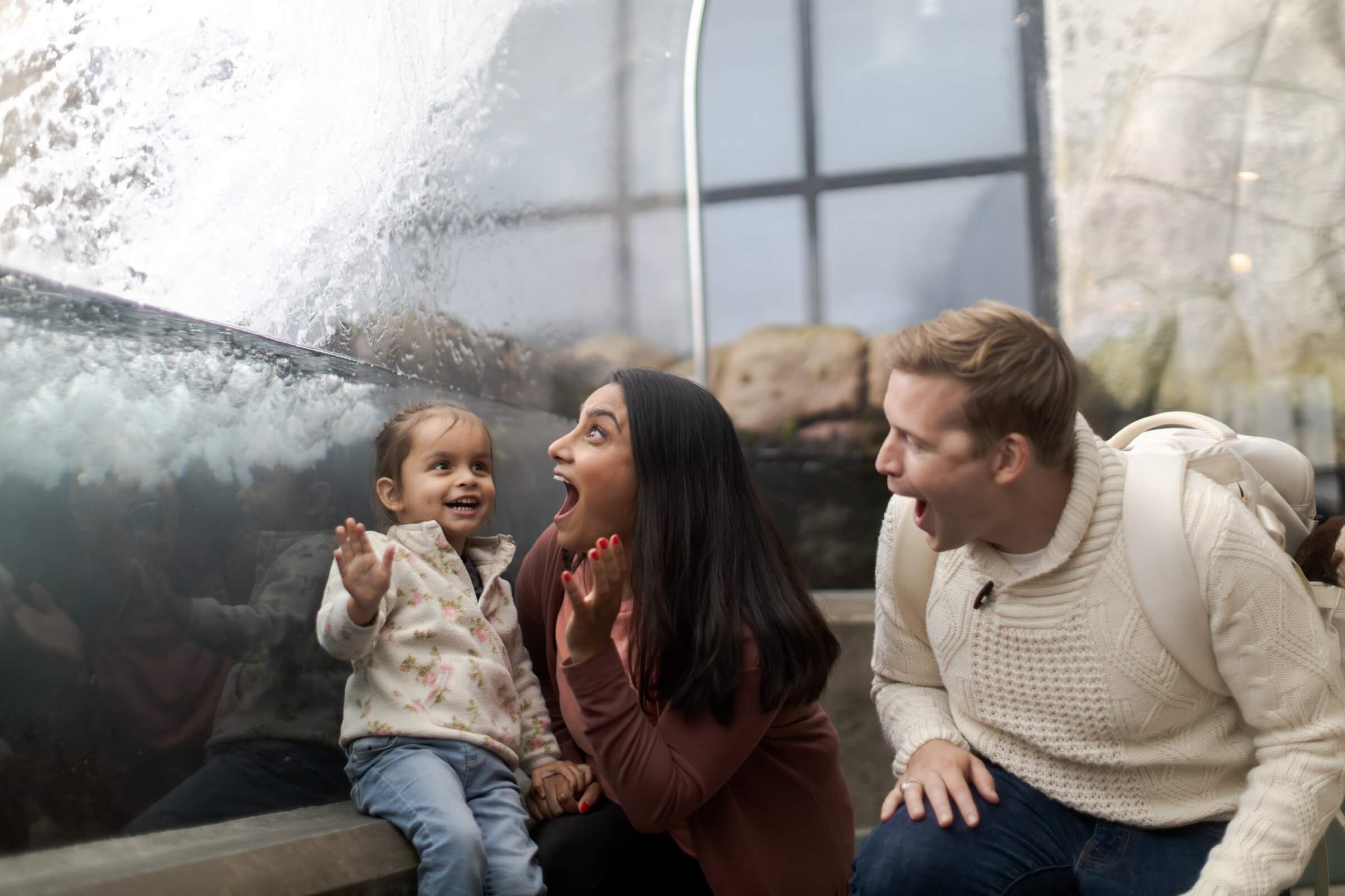 Family of three reacting with delight and open mouths at an exhibit at the Aquarium