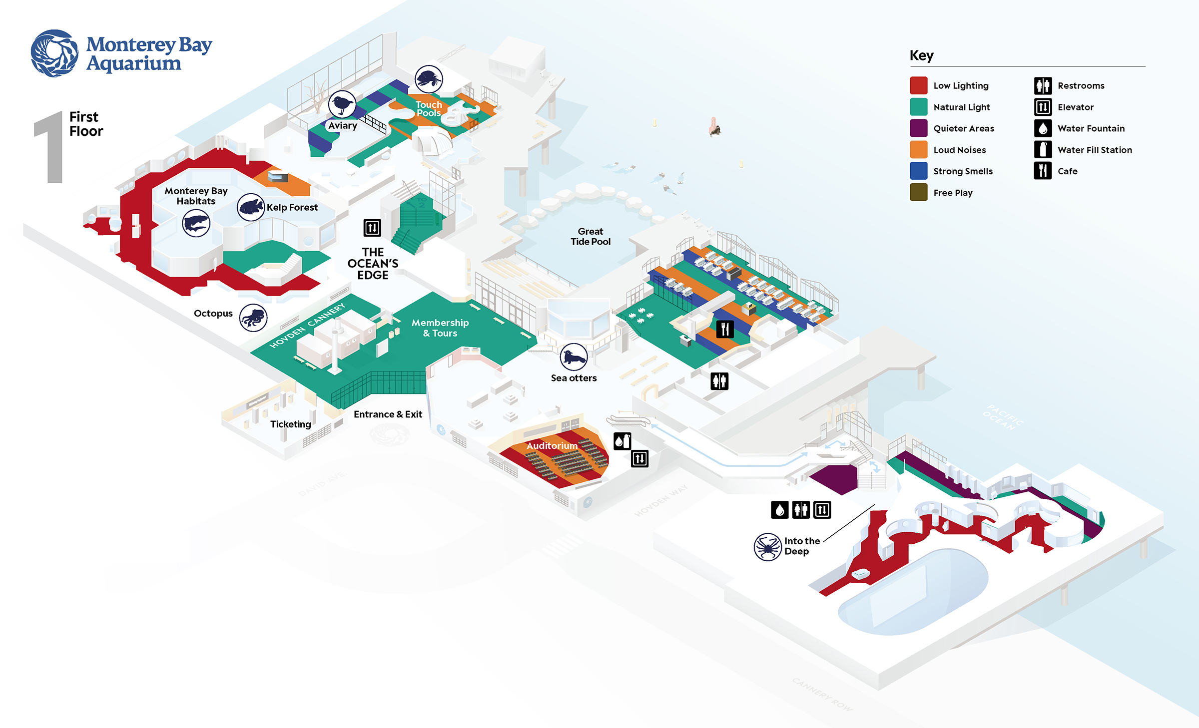 Color-coded map of the Aquarium showing areas of high and low sensory stimulation.