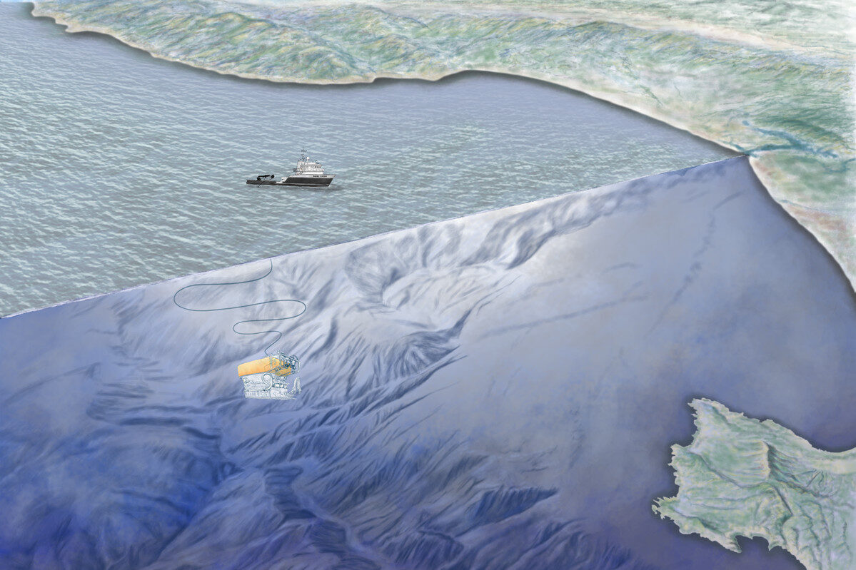 Monterey Canyon illustration with Rachel Carson research vessel on the ocean surface