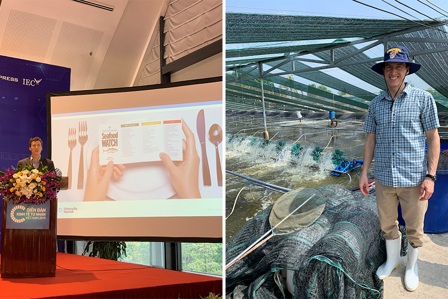 (Left) Josh delivers a presentation. (Right) Josh standing in front of an aquaculture farm.