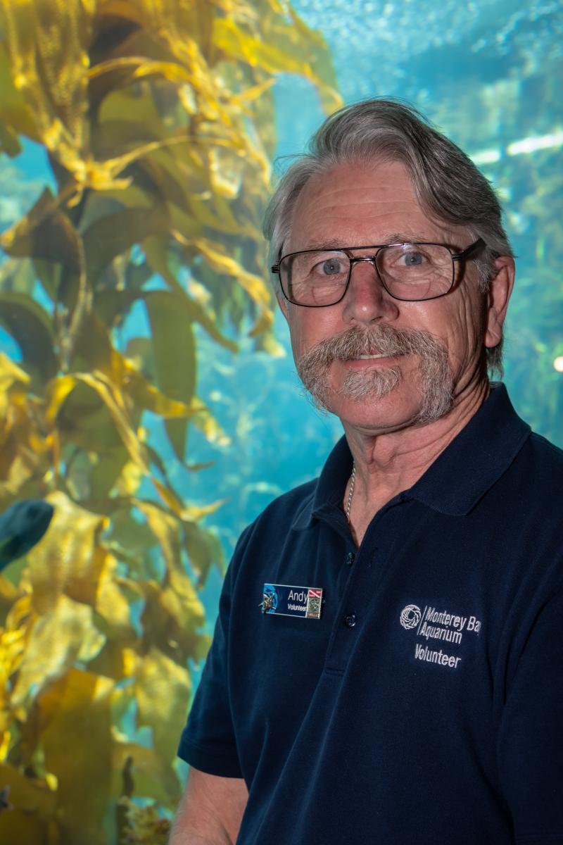 A volunteer with a grey mustache and glasses stands in front of the Kelp Forest exhibit at the Aquarium