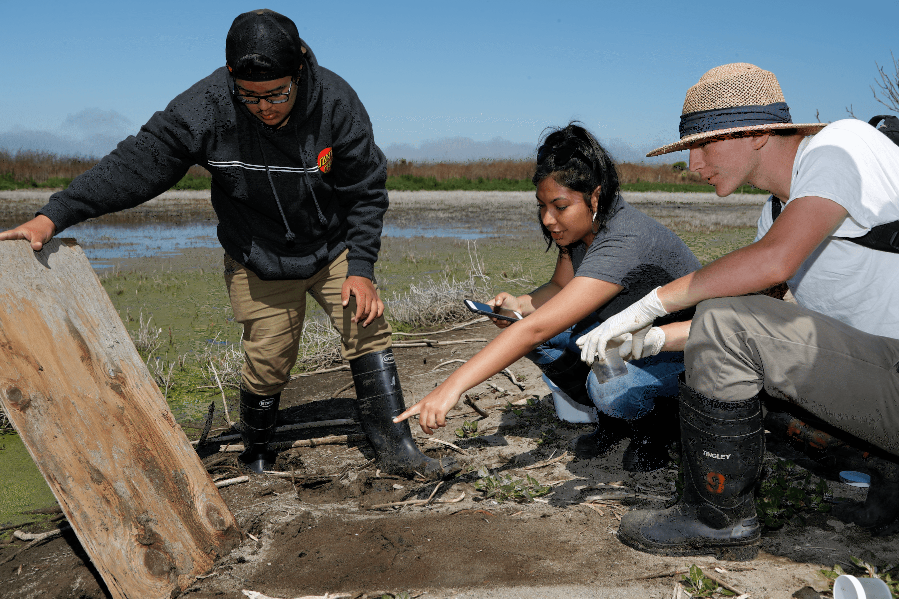 Three teens in rubber boots examining organisms under a lifted log at a wetland restoration site