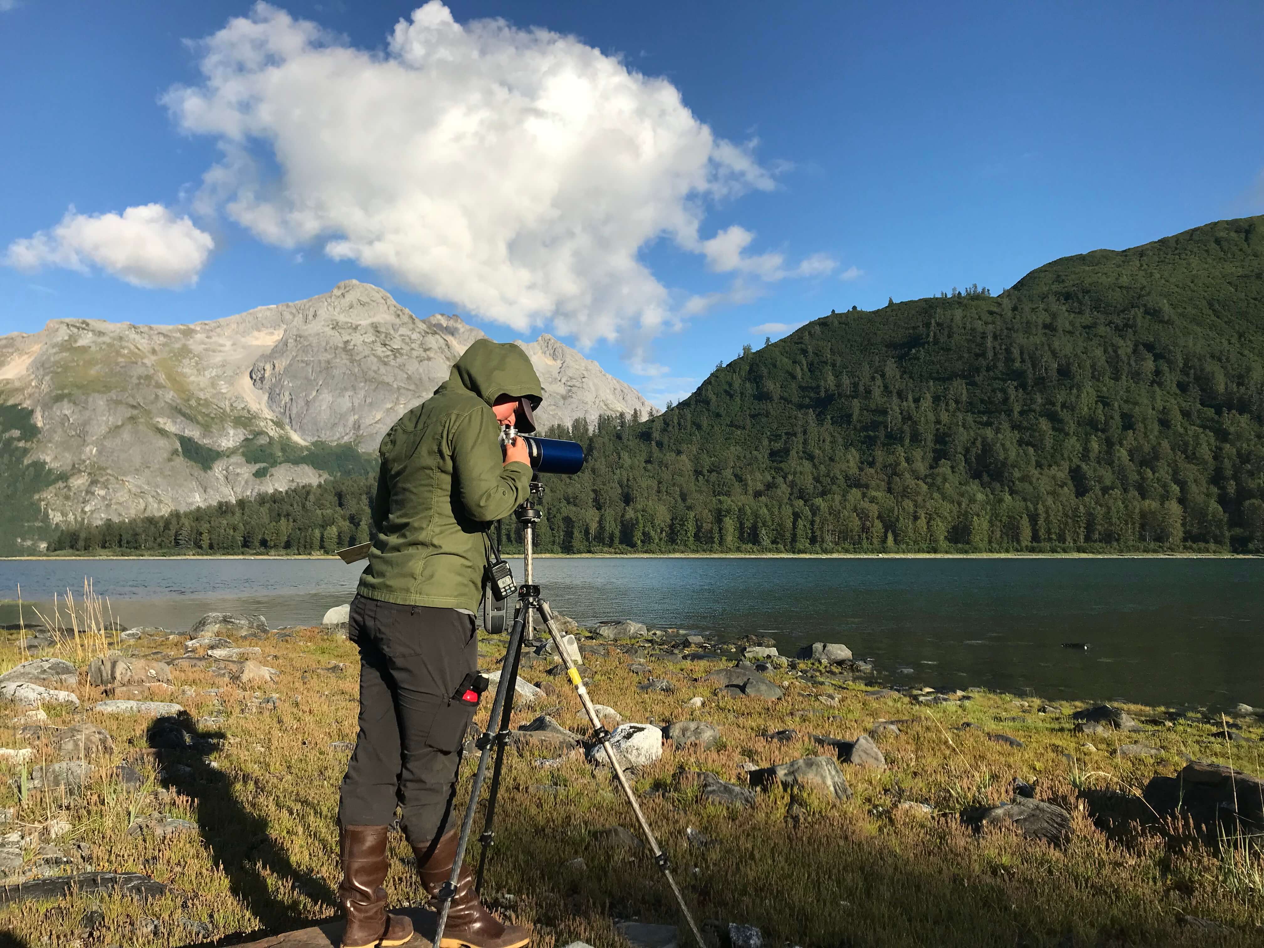 Jess in the foreground wearing cold weather gear and looking down into a telescope at the lush Alaska wilderness in the background