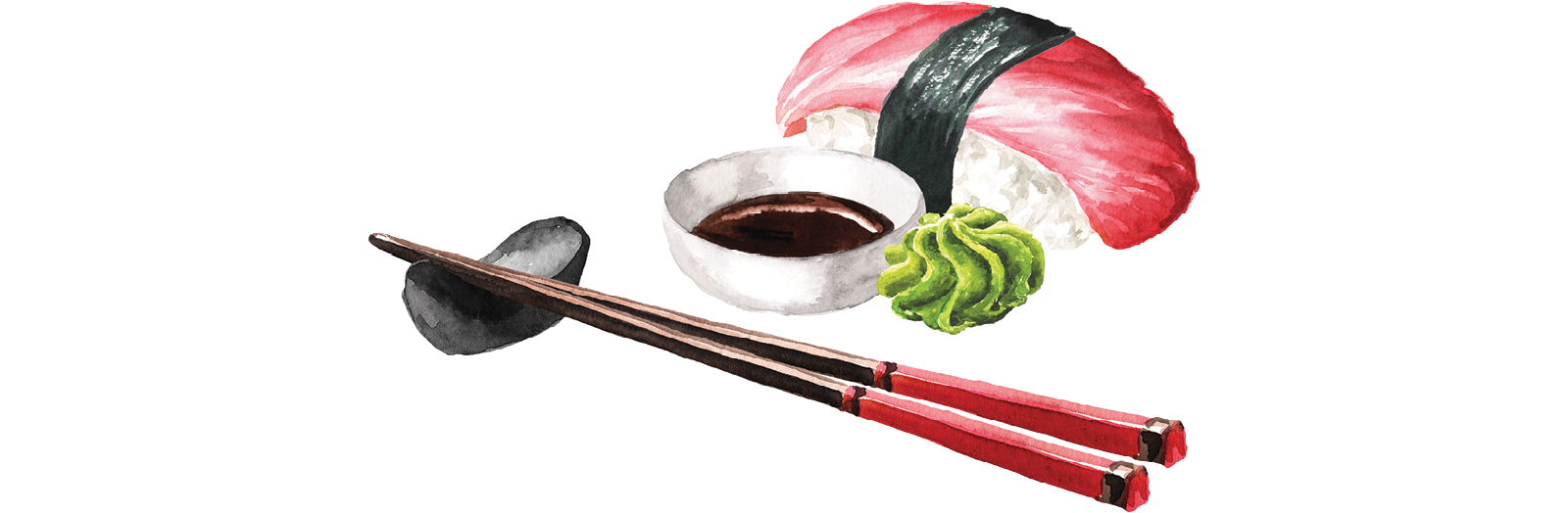 Illustration of sushi nigiri, soy sauce, wasabi, and chopsticks.