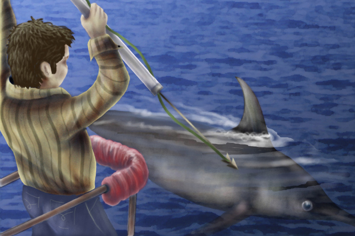 Illustration of a fisher using a harpoon to catch a large fish.
