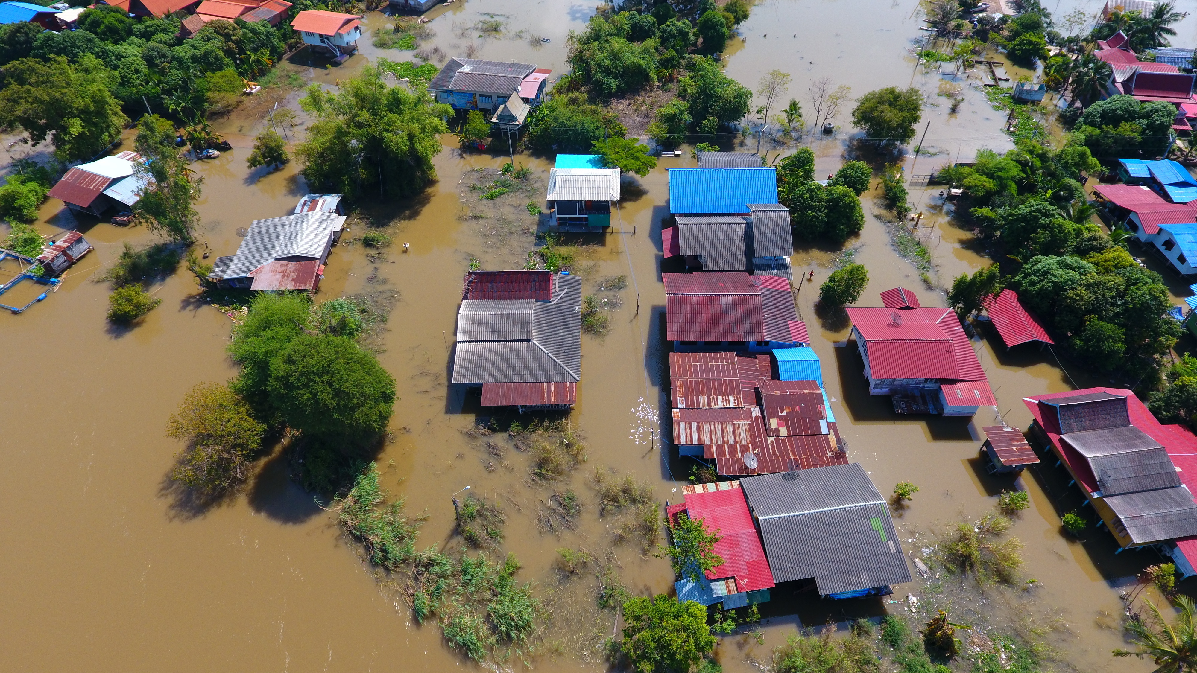 Aerial view of a flood in a community in India