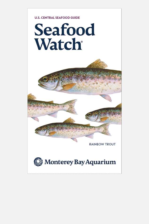 Cover of the U.S. Central Seafood Guide with four illustrated rainbow trout and the Monterey Bay Aquarium logo