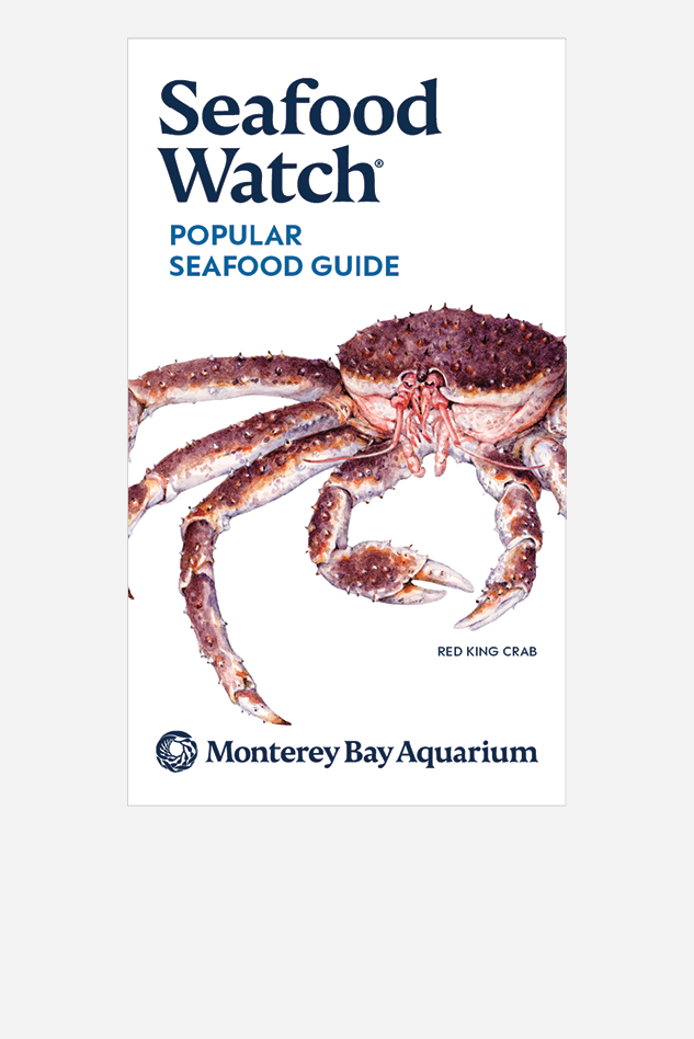 Cover of the Popular Seafood Guide with an illustrated king crab and the Monterey Bay Aquarium logo