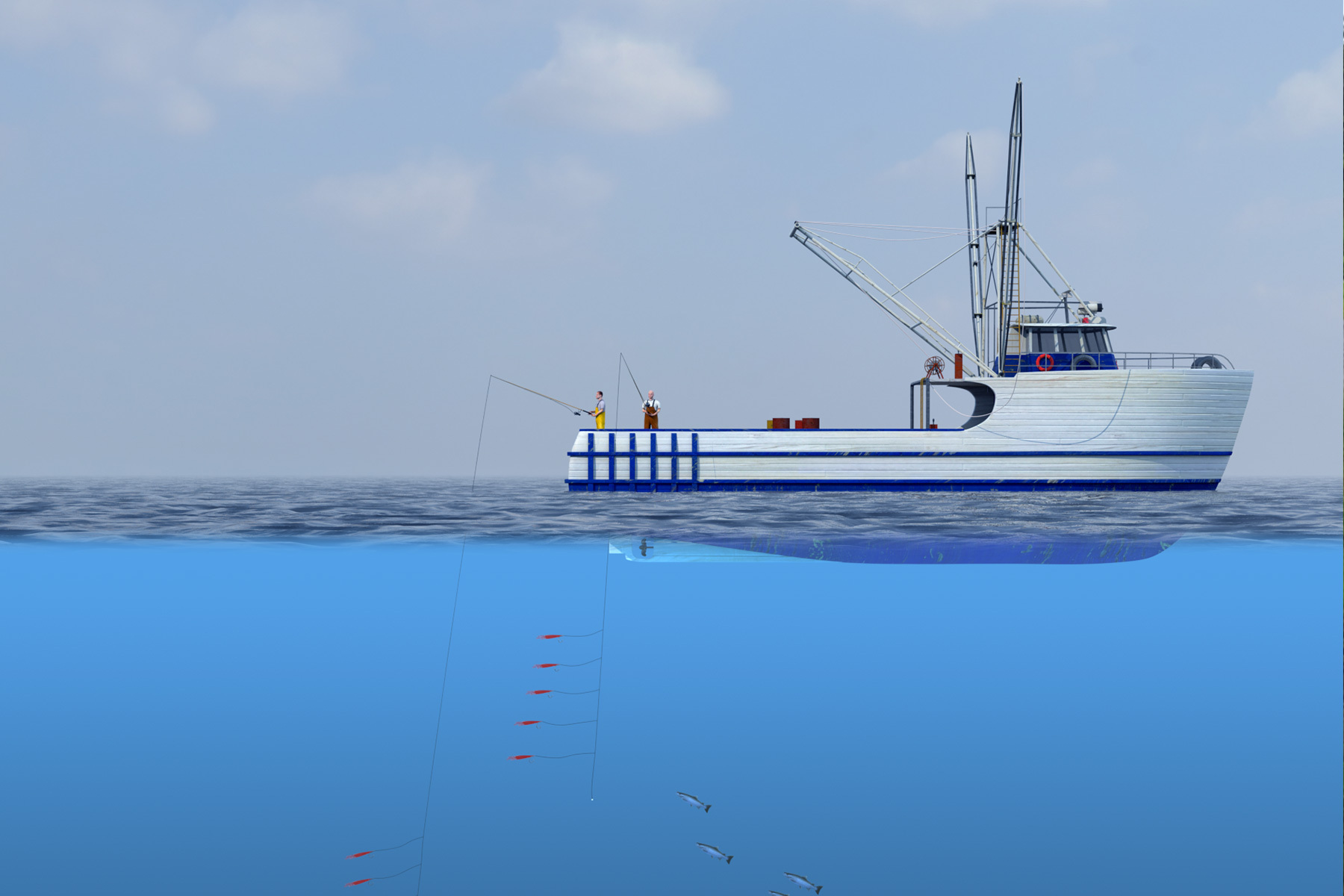 An illustrated fishing boat with a fisherman using pole-and-line gear