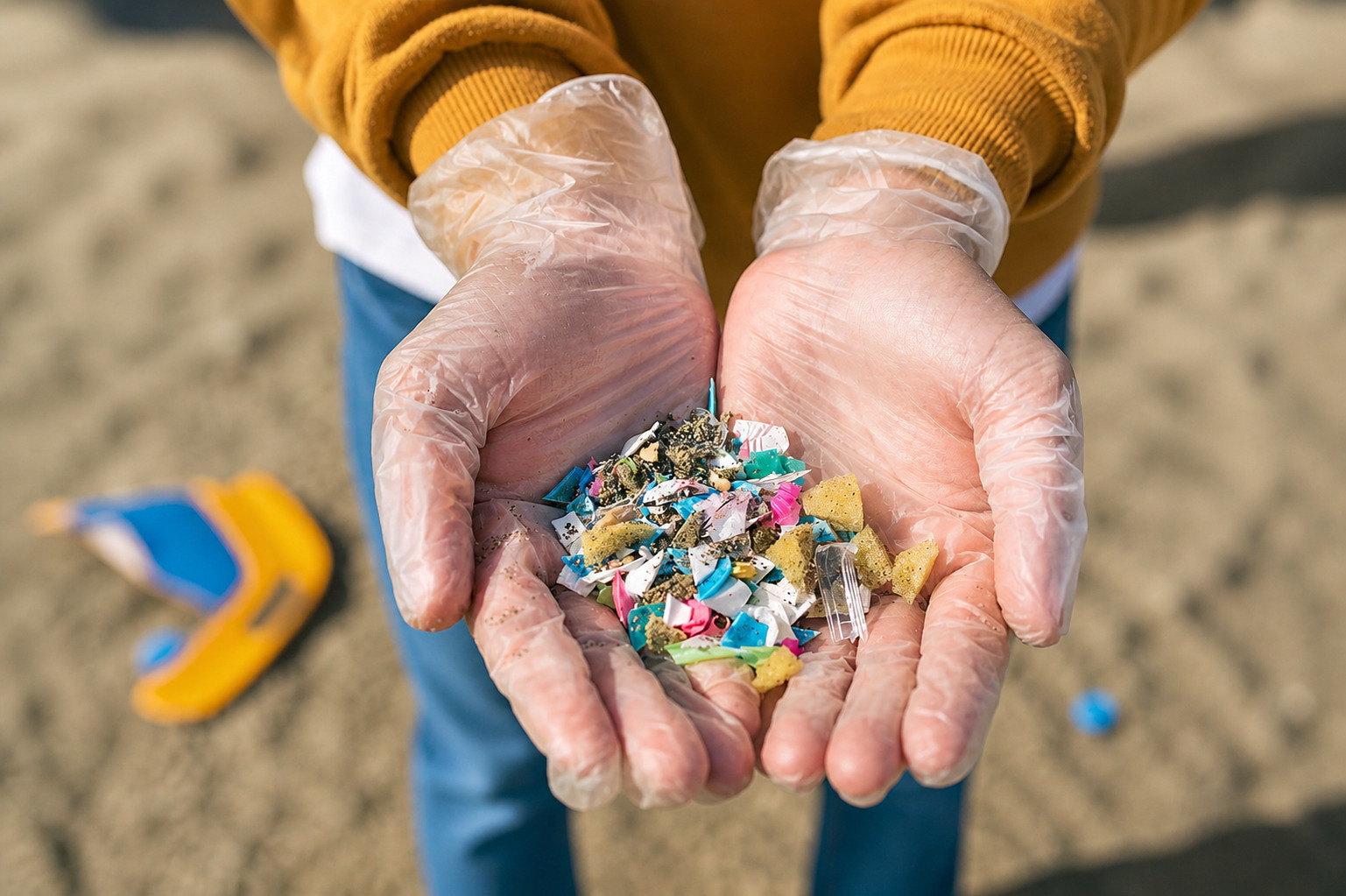 Hands holding microplastics on the beach