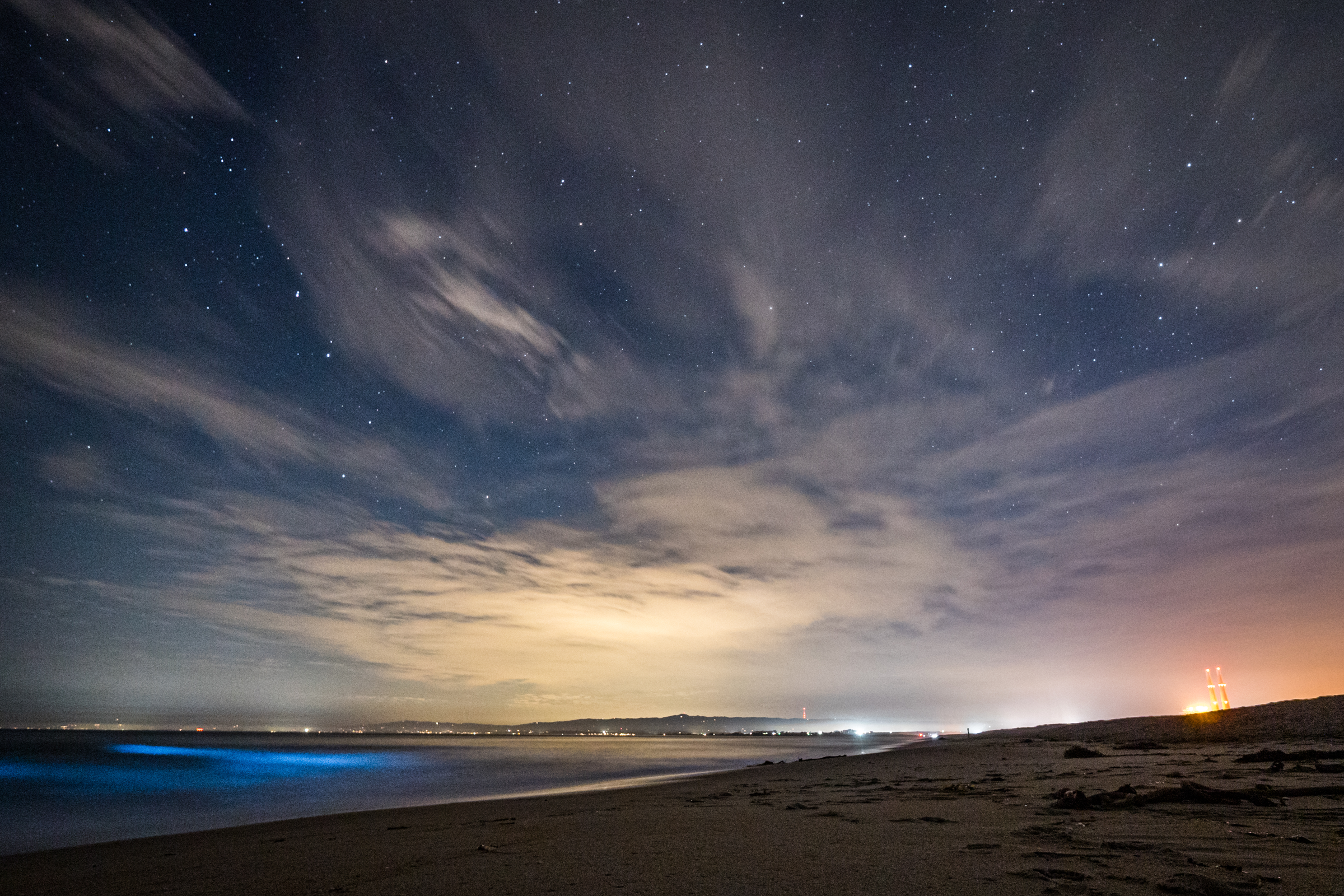 Bioluminescence waves at sunrise