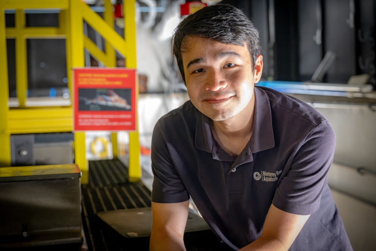 A smiling staff person with black hair and a dark blue polo shirt leans over the edge of the whalefall exhibit behind the scenes at the Monterey Bay Aquarium