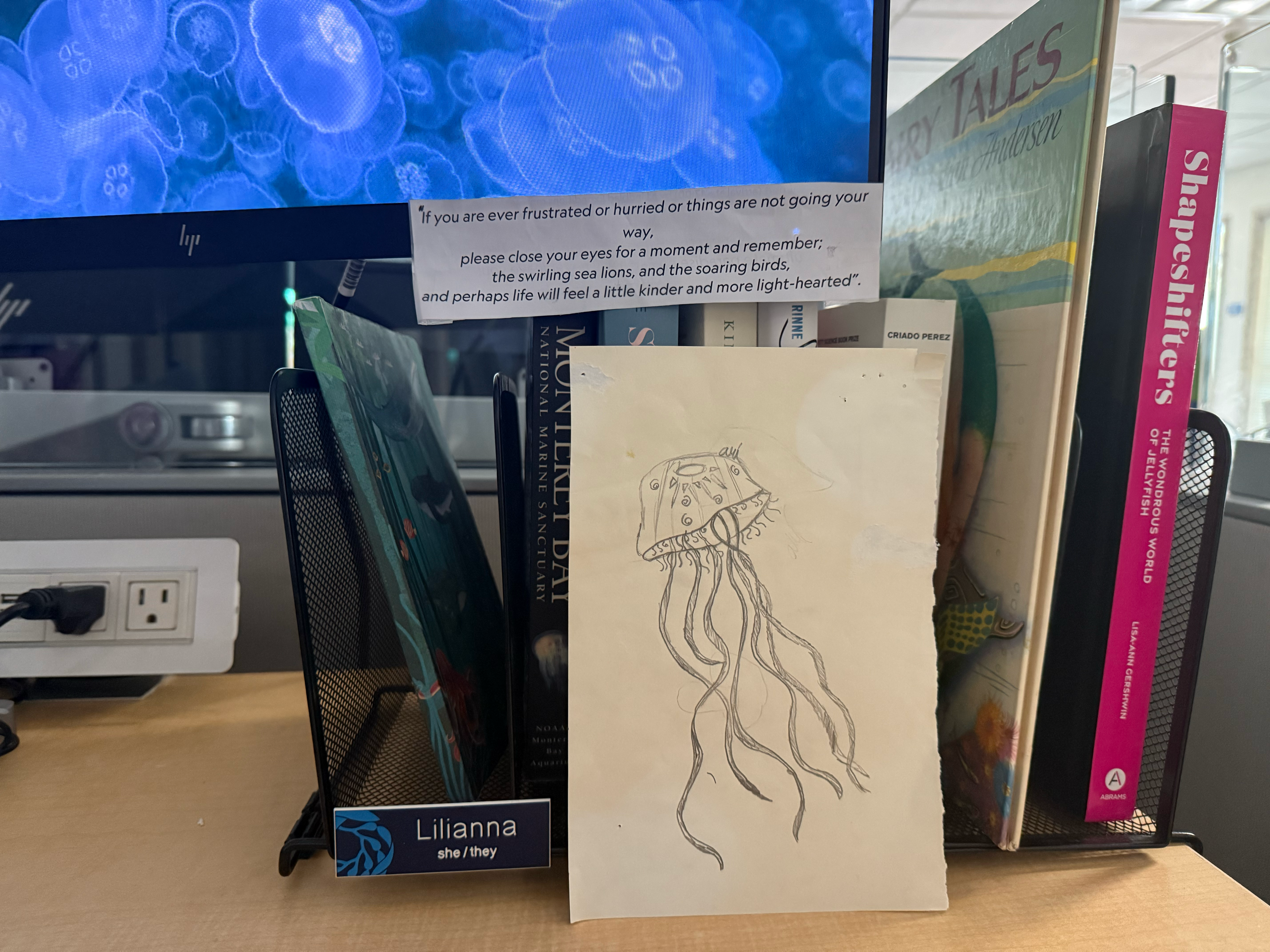 A jellyfish pencil sketch propped up on Lilianna’s work desk among ocean-themed books and decor