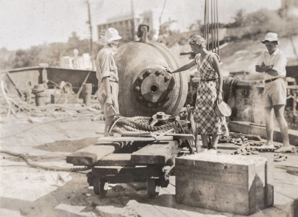 Gloria Hollister Anable inspects the vessel