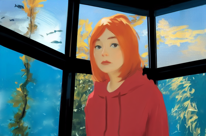 Illustration of a teenage girl with ginger hair, light skin tone, and bright red hoodie stands in the middle of the frame looking at her surrounding in a neutral expression behind her is an illustrated rendition of the Kelp Forest Exhibit