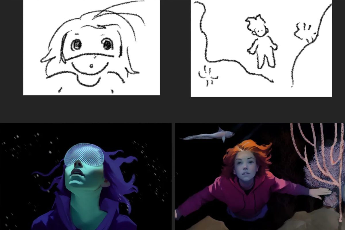 A comparison image showing the rough sketch storyboards for two different panels of the digital visual graphic novel on top and the finished final panels at the bottom.