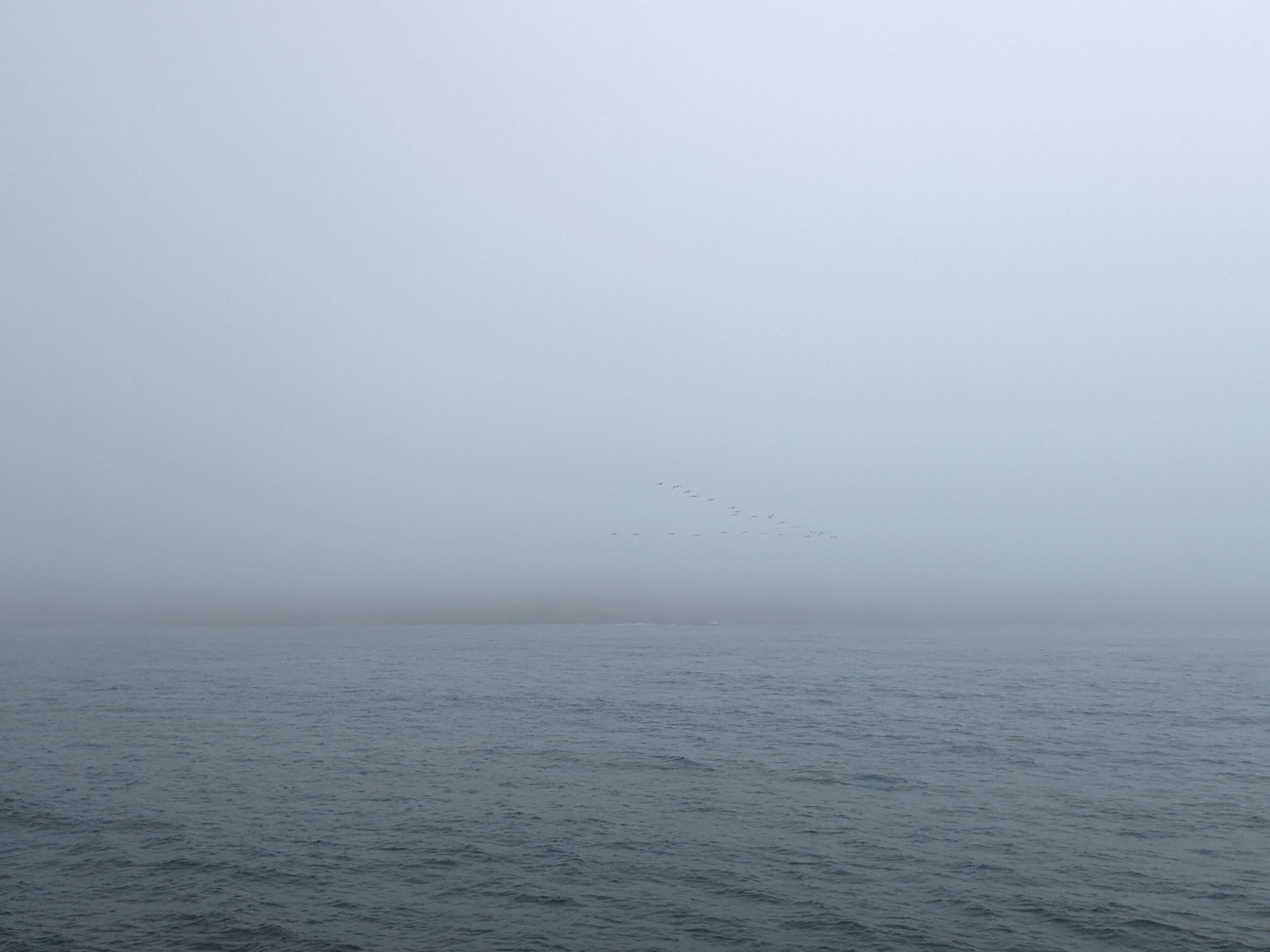 Gray ocean water under heavy fog with a strip of land barely visible.