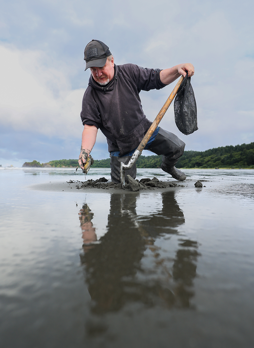 A bearded man in rubber boots kneels on a tidal flat digging for razor clams with a shovel